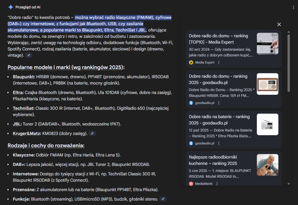 Wyniki goodaudio.pl w wynikach AI overwievs/