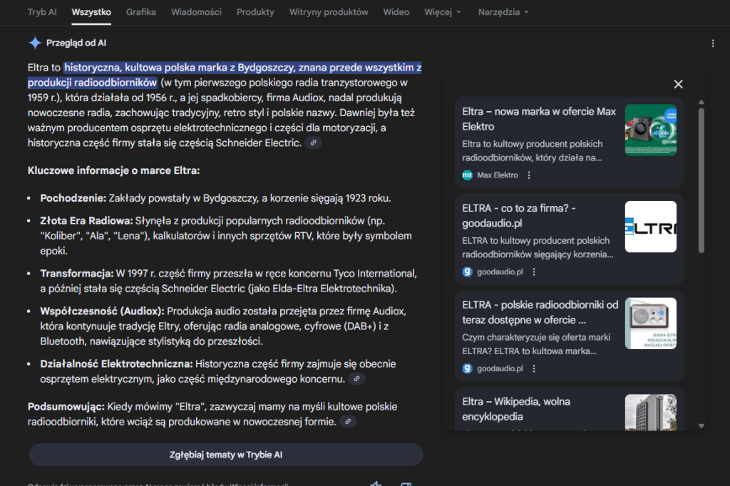 Wyniki goodaudio.pl w wynikach AI overwievs/