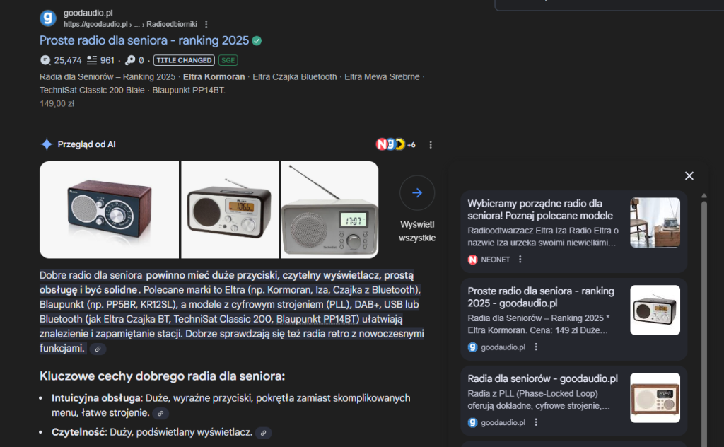 Wyniki goodaudio.pl w wynikach AI overwievs/